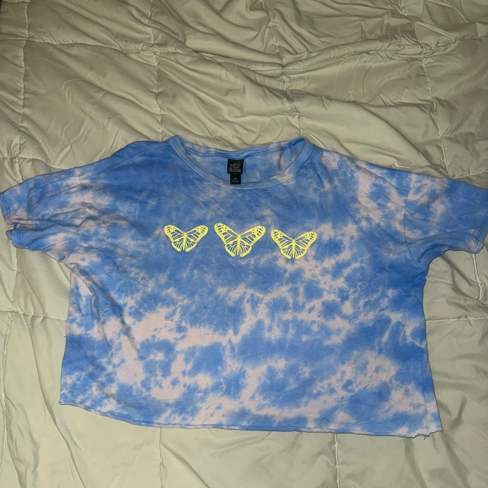 Blue Tie-Dye Crop Top with Yellow Butterflies